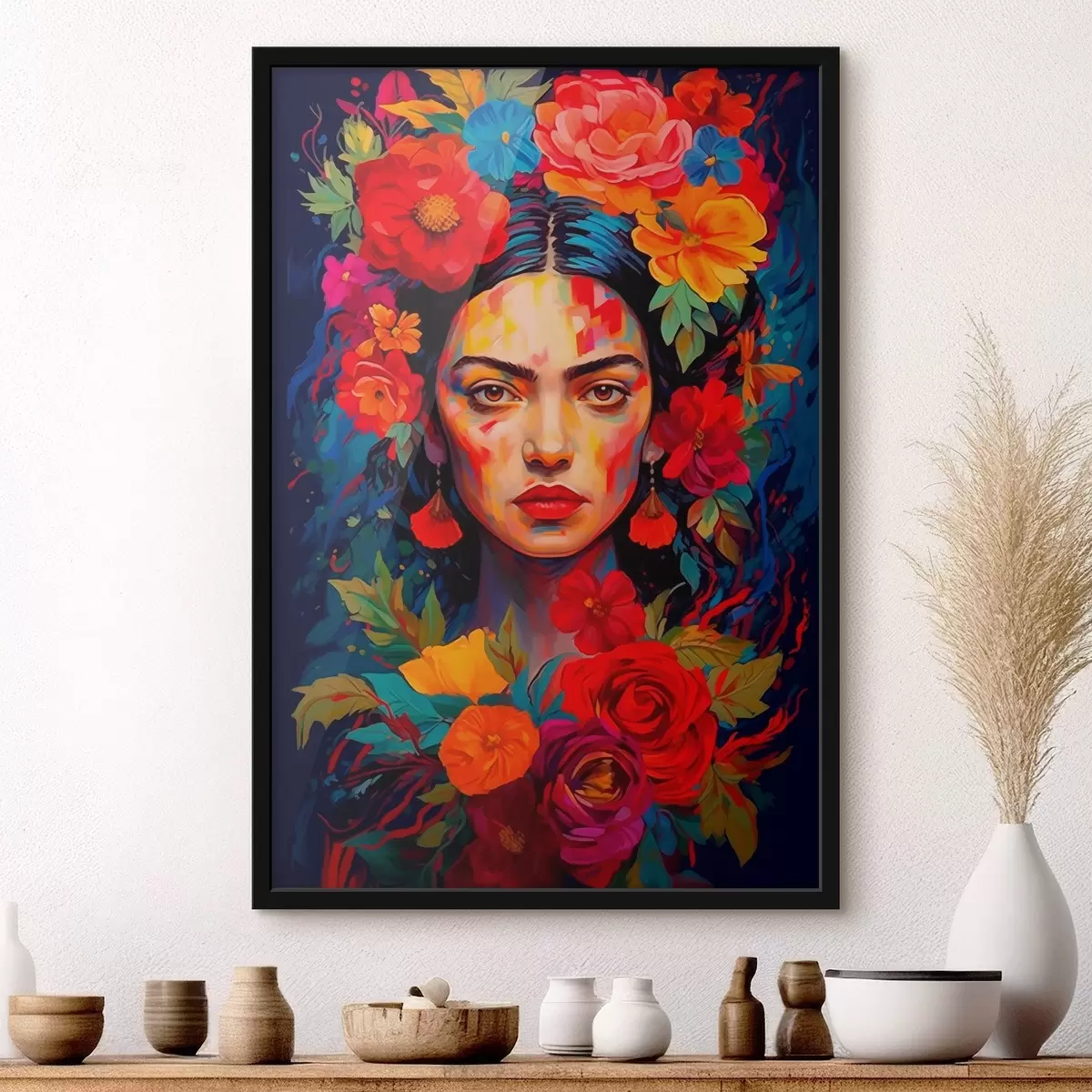 Poster Ritratto di donna con cornice floreale in stile astratto luminoso f42653