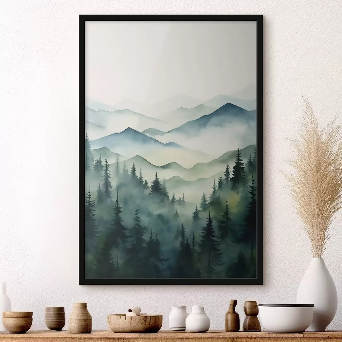 Poster Paesaggio nebbioso con montagne e foreste f42662