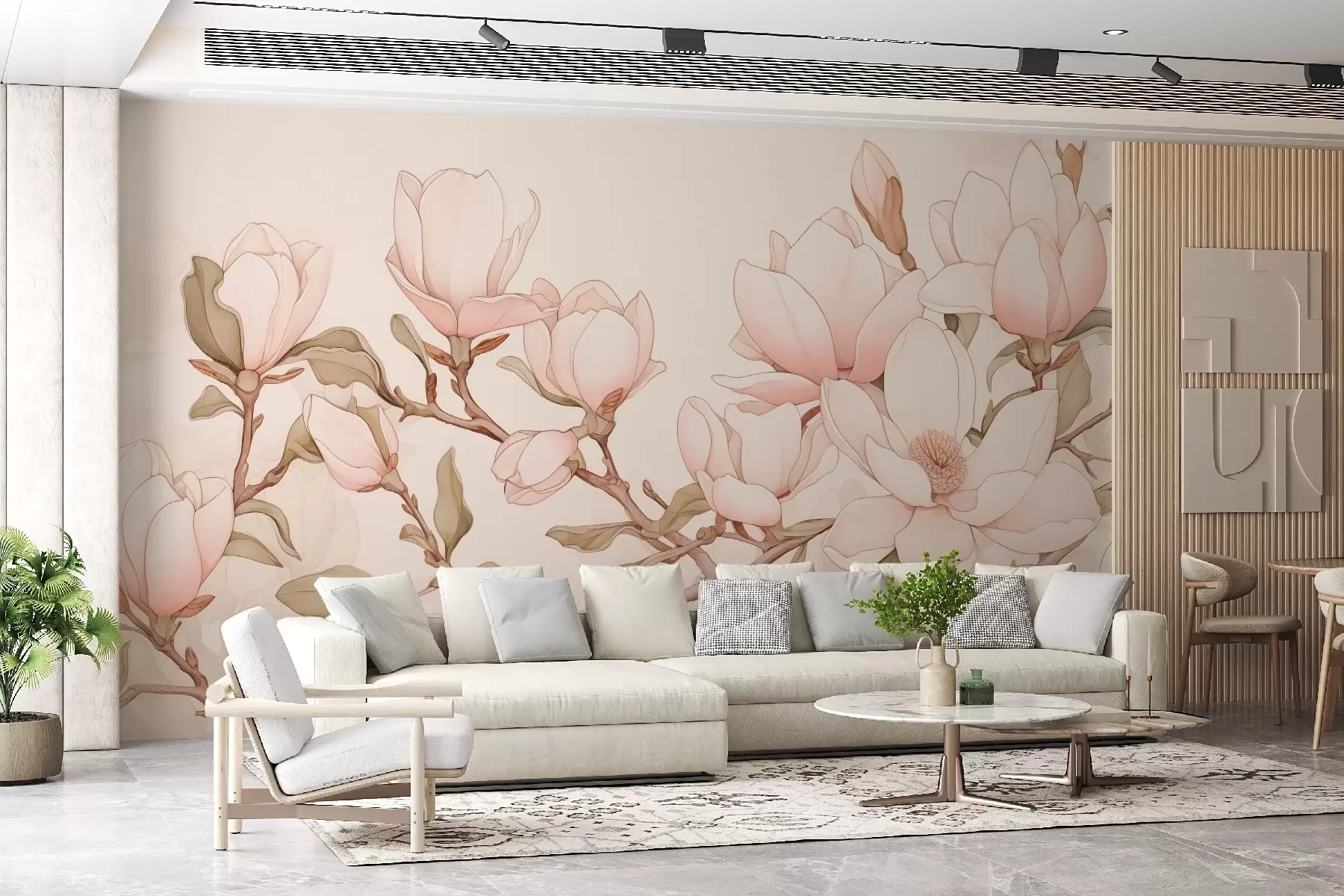 Carta da parati Floreale Rami di magnolia con delicati fiori rosa su uno sfondo chiaro, che creano un'atmosfera sofisticata e tranquilla n. w08688