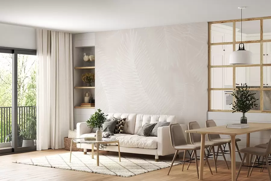 carta da parati Sagome di foglie bianche su uno sfondo strutturato nr. w02894