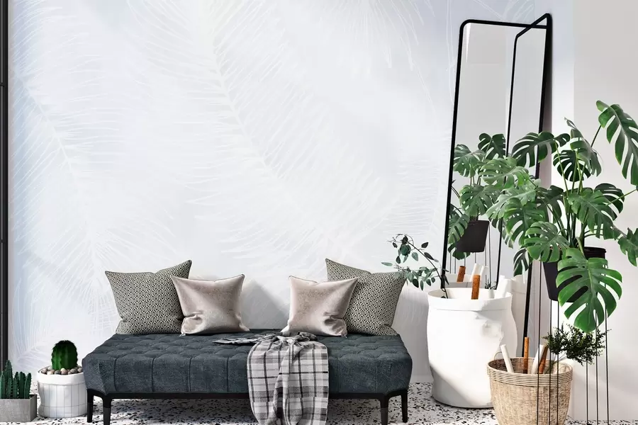 Carta da parati Tropici della Foresta Sagome di foglie bianche su uno sfondo strutturato n. w02894v1