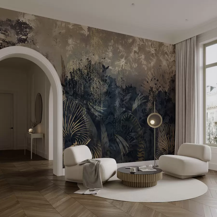 Carta da parati nature Africa magica con foresta pluviale ed elementi vettoriali con tinta marrone 