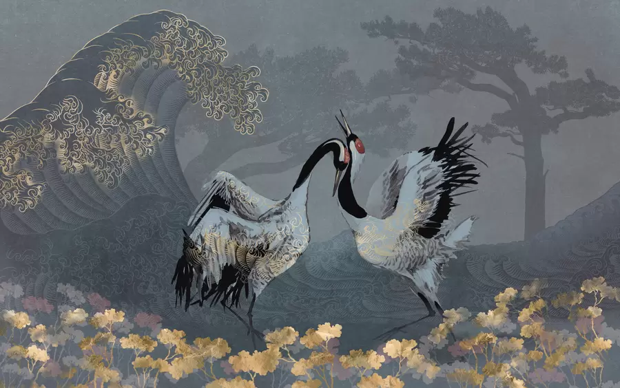 carta da parati Gru, alberi e onde con elementi in stile cinese nr. w02747