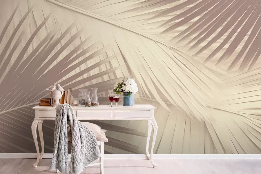 Carta da parati Tropici della Foresta Foglie di palma astratte in tonalità tenui n. w08677