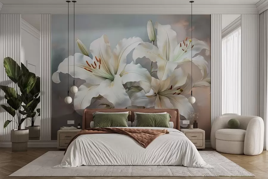 Carta da parati Floreale Eleganti gigli bianchi dai toni pastello con una texture che imita le pennellate n. w08678