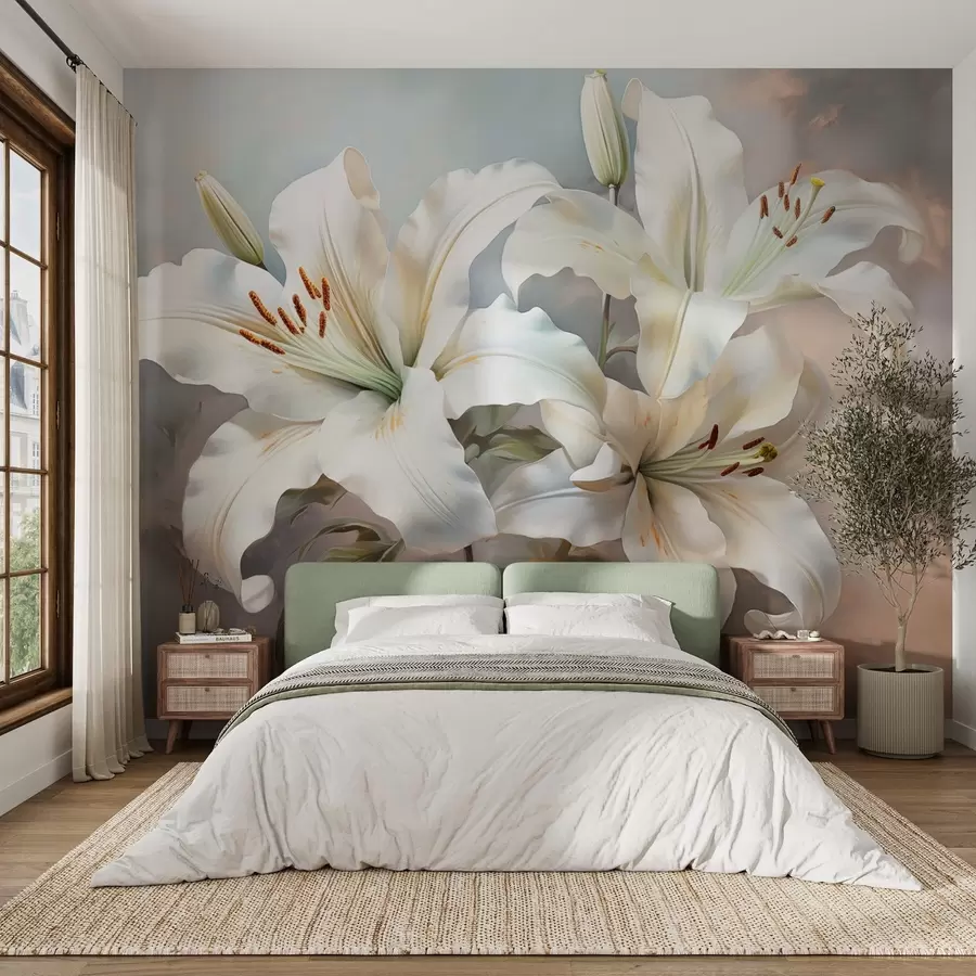 Carta da parati Floreale Eleganti gigli bianchi dai toni pastello con una texture che imita le pennellate n. w08678