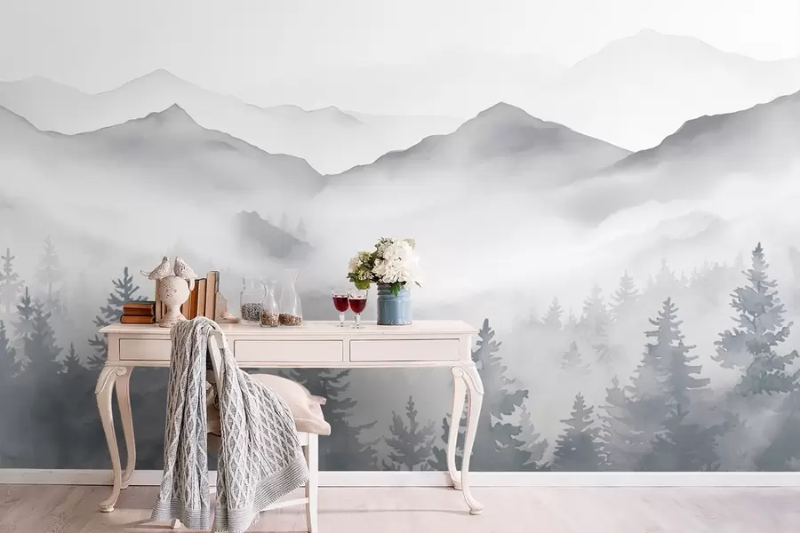 Carta da parati nature Sereno paesaggio montano con foreste nebbiose dai toni morbidi del grigio e del blu 