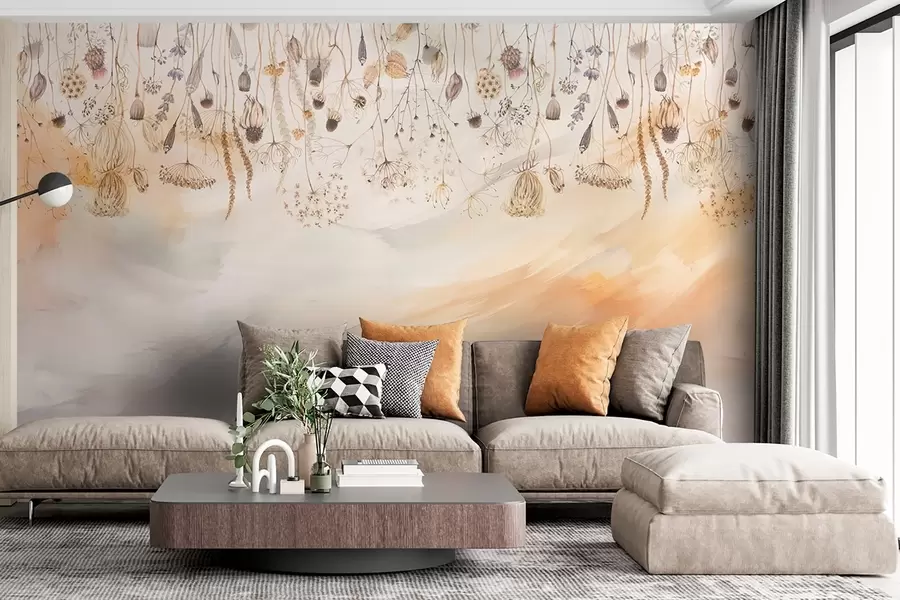 carta da parati Fiori di campo in stile acquerello in toni pastello su uno sfondo a pennellate nr. w08681