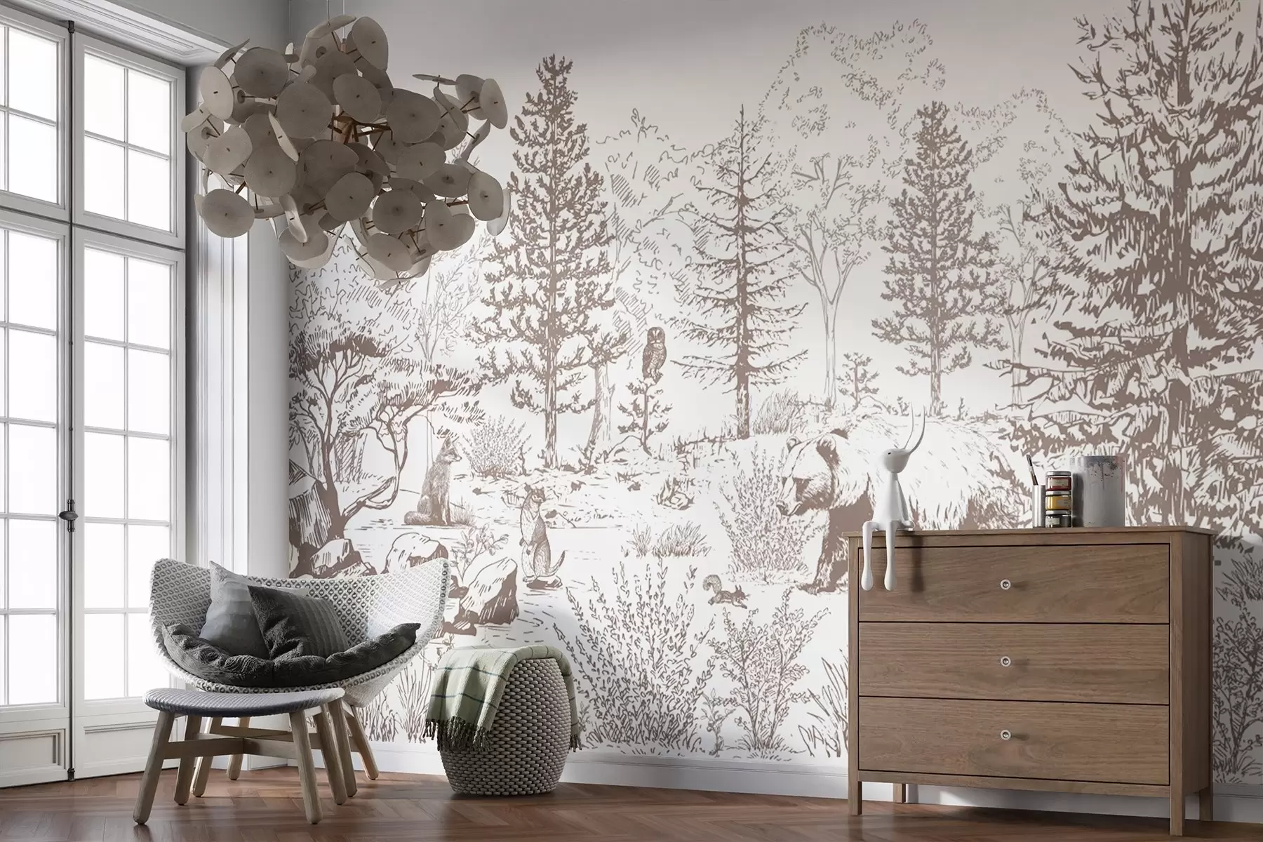 Carta da parati nature Vita nella foresta, alberi, animali selvatici, orso, volpe, gufo, cespugli, disegno a matita, colori beige 