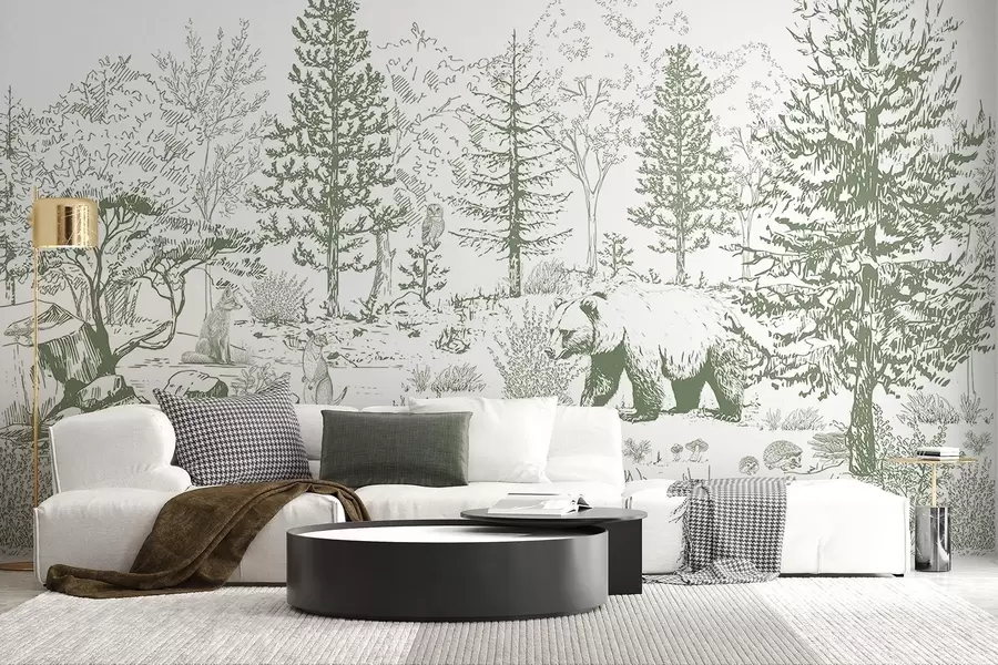 Carta da parati nature Vita nella foresta, alberi, animali selvatici, orso, volpe, gufo, cespugli, disegno a matita, colori verdi 