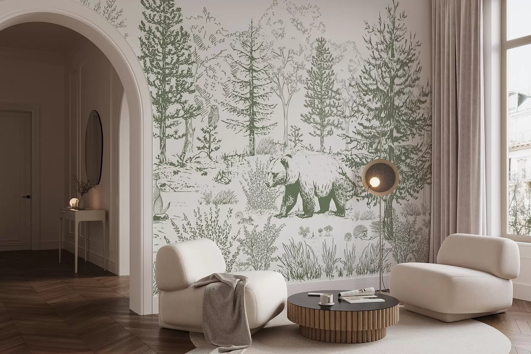 Carta da parati nature Vita nella foresta, alberi, animali selvatici, orso, volpe, gufo, cespugli, disegno a matita, colori verdi 