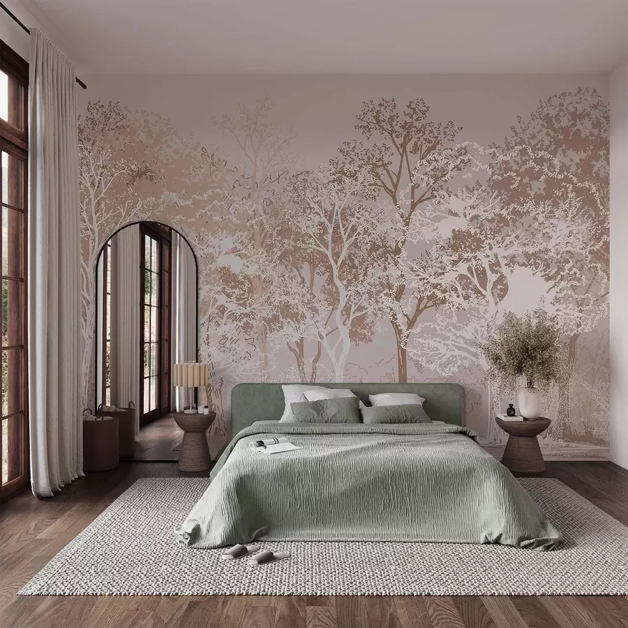 carta da parati Alberi nella foresta, minimalismo, natura, tavolozza di colori beige  nr. w02930