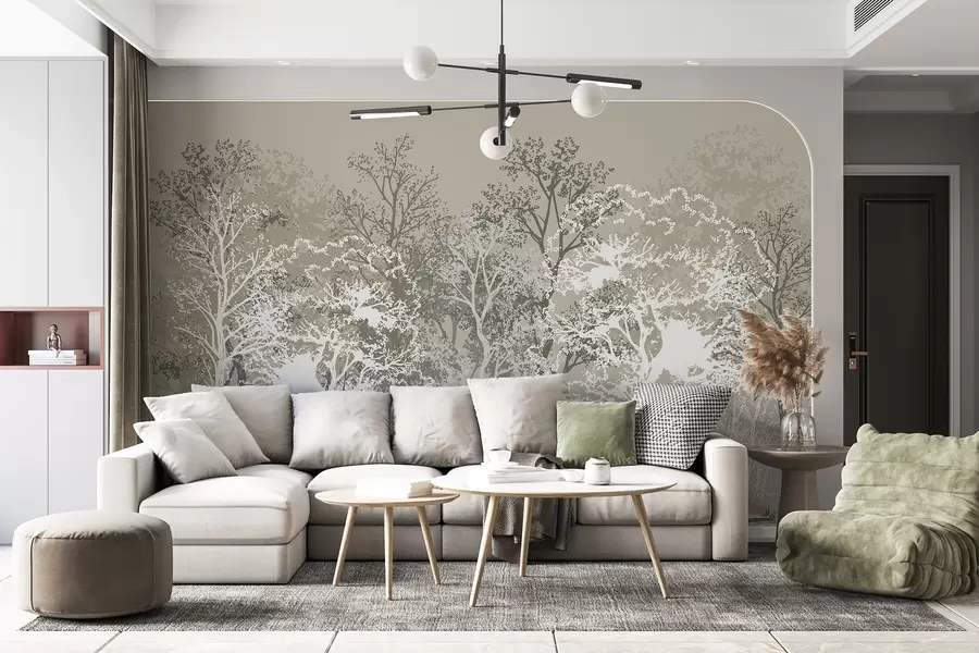 Carta da parati nature Alberi nella foresta, minimalismo, natura, tavolozza di colori verdi  