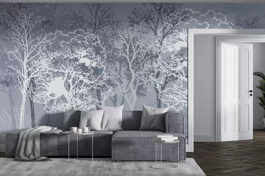 Carta da parati nature Alberi nella foresta, minimalismo, natura, tavolozza di colori blu  