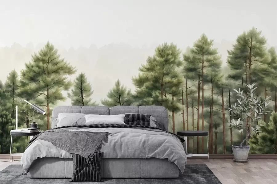 Carta da parati nature Foresta con pini, disegno ad olio, natura 