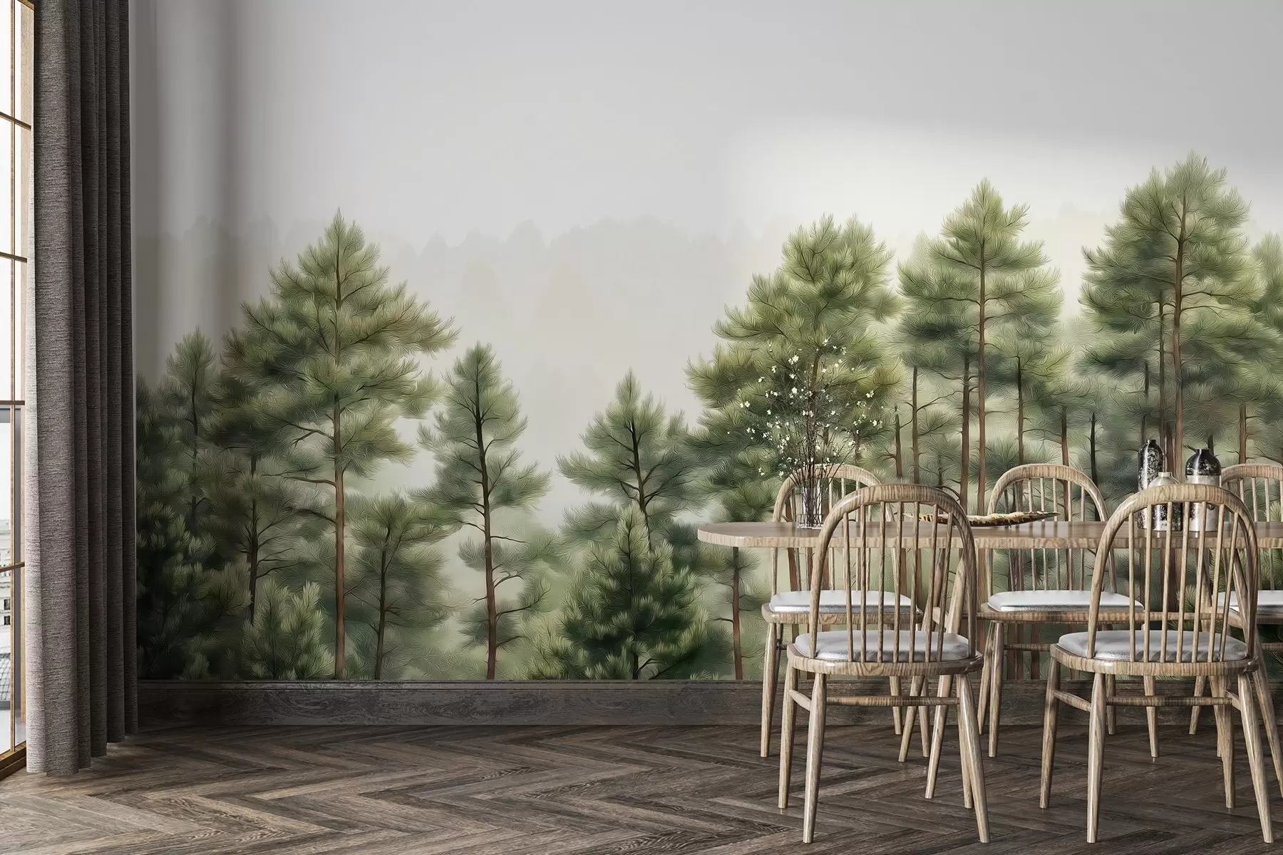 Carta da parati nature Foresta con pini, disegno ad olio, natura 