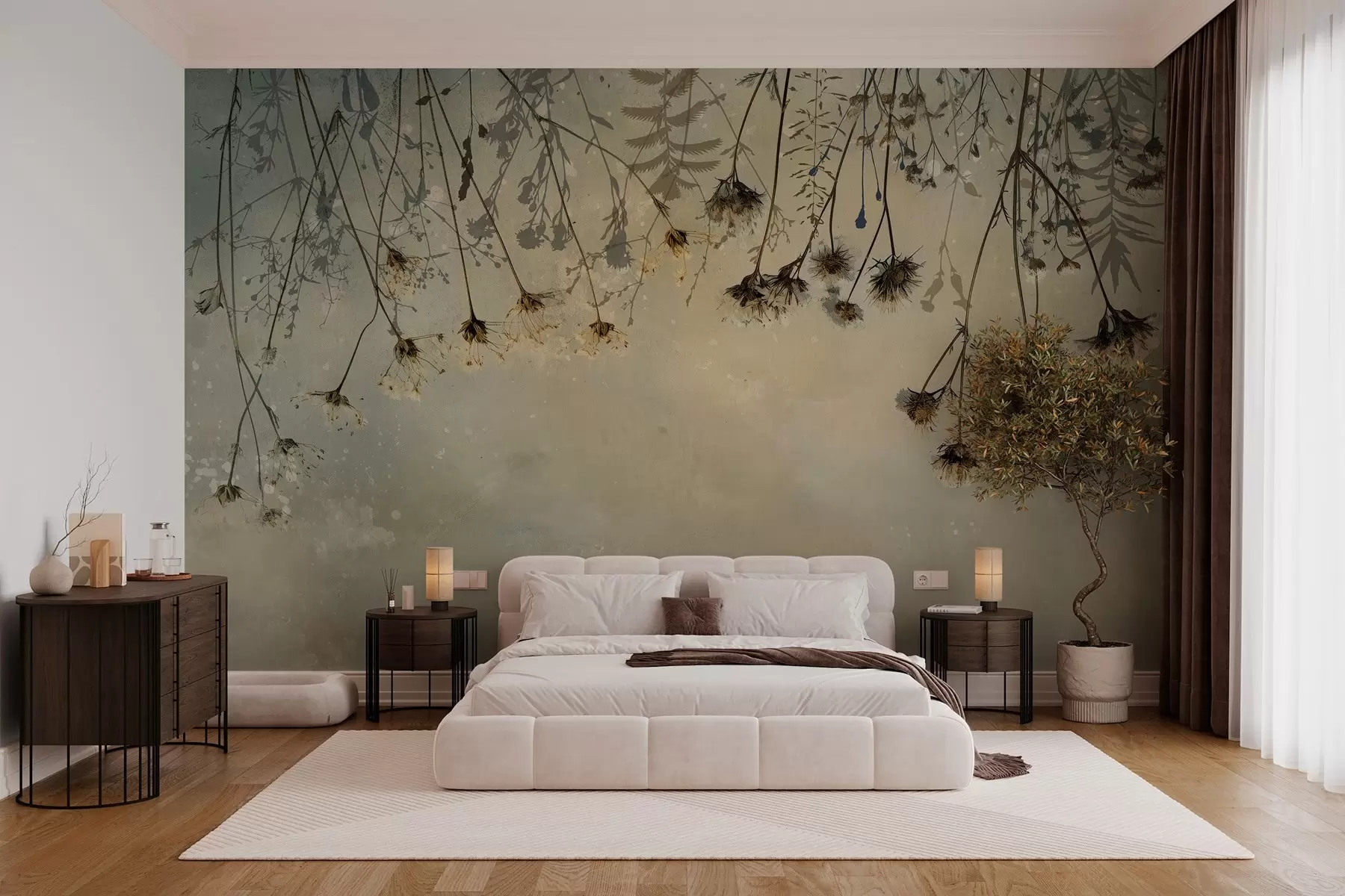 Carta da parati nature Fiori di campo che pendono dall'alto in colori caldi 