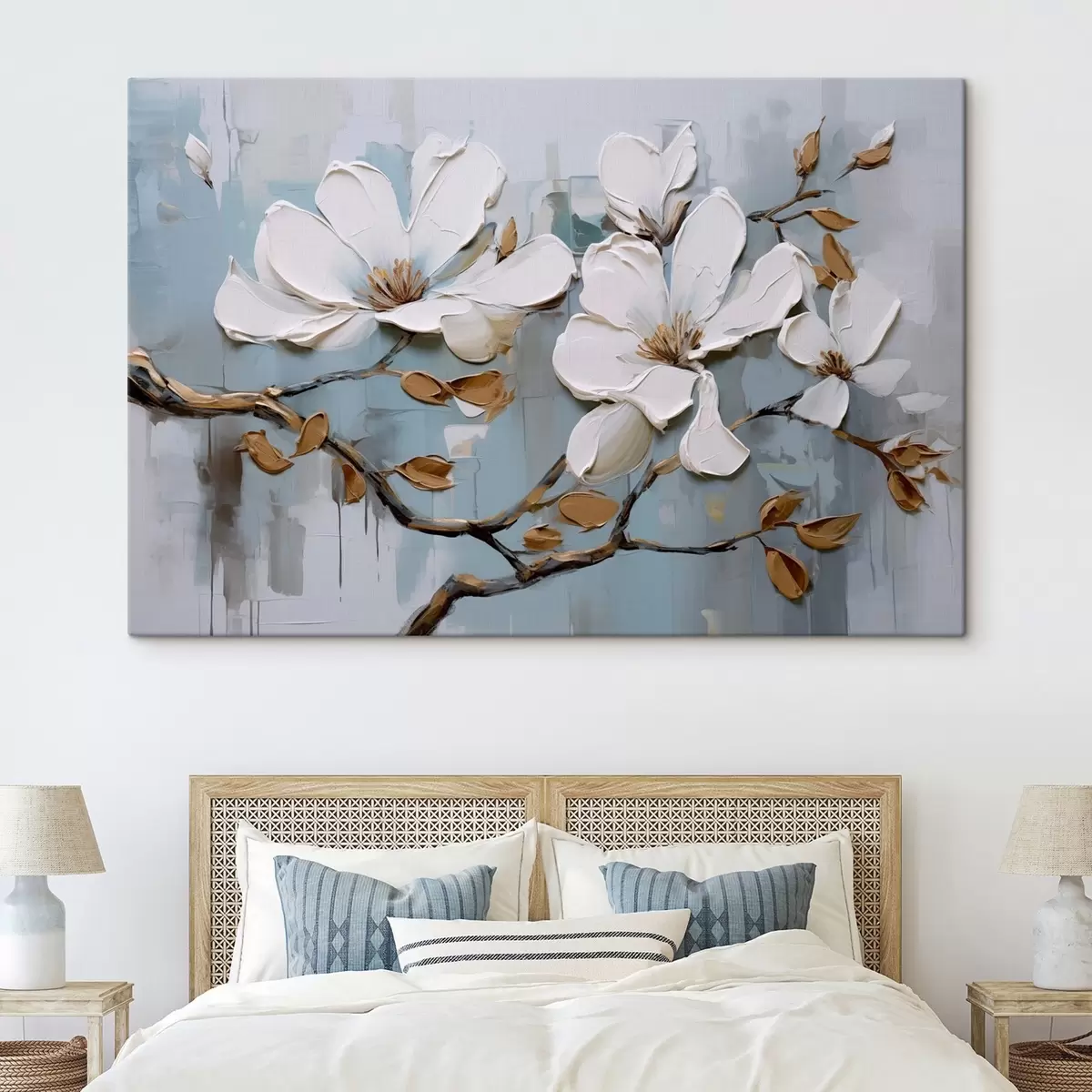 carta da parati Fiori di magnolia bianchi con petali strutturati e foglie marroni su uno sfondo blu morbido imitazione pittura ad olio nr. s42711