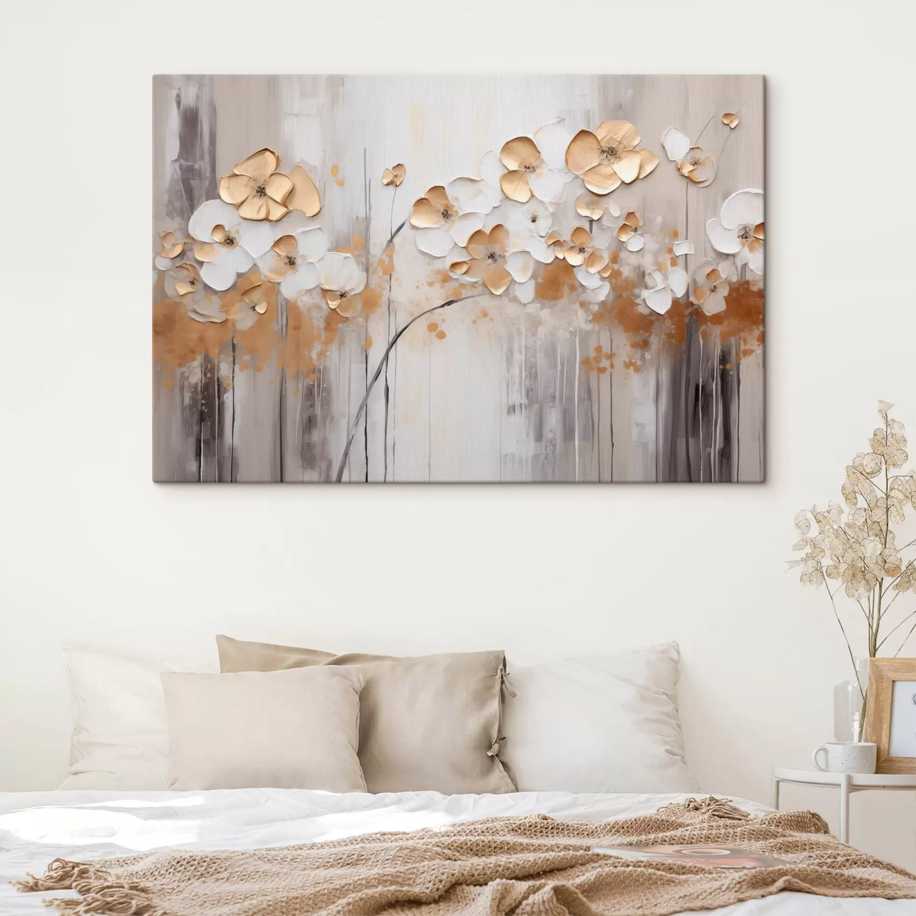 carta da parati Fiori con petali strutturati su uno sfondo morbido e tenue con spruzzi di colore astratto e linee verticali  nr. s42713