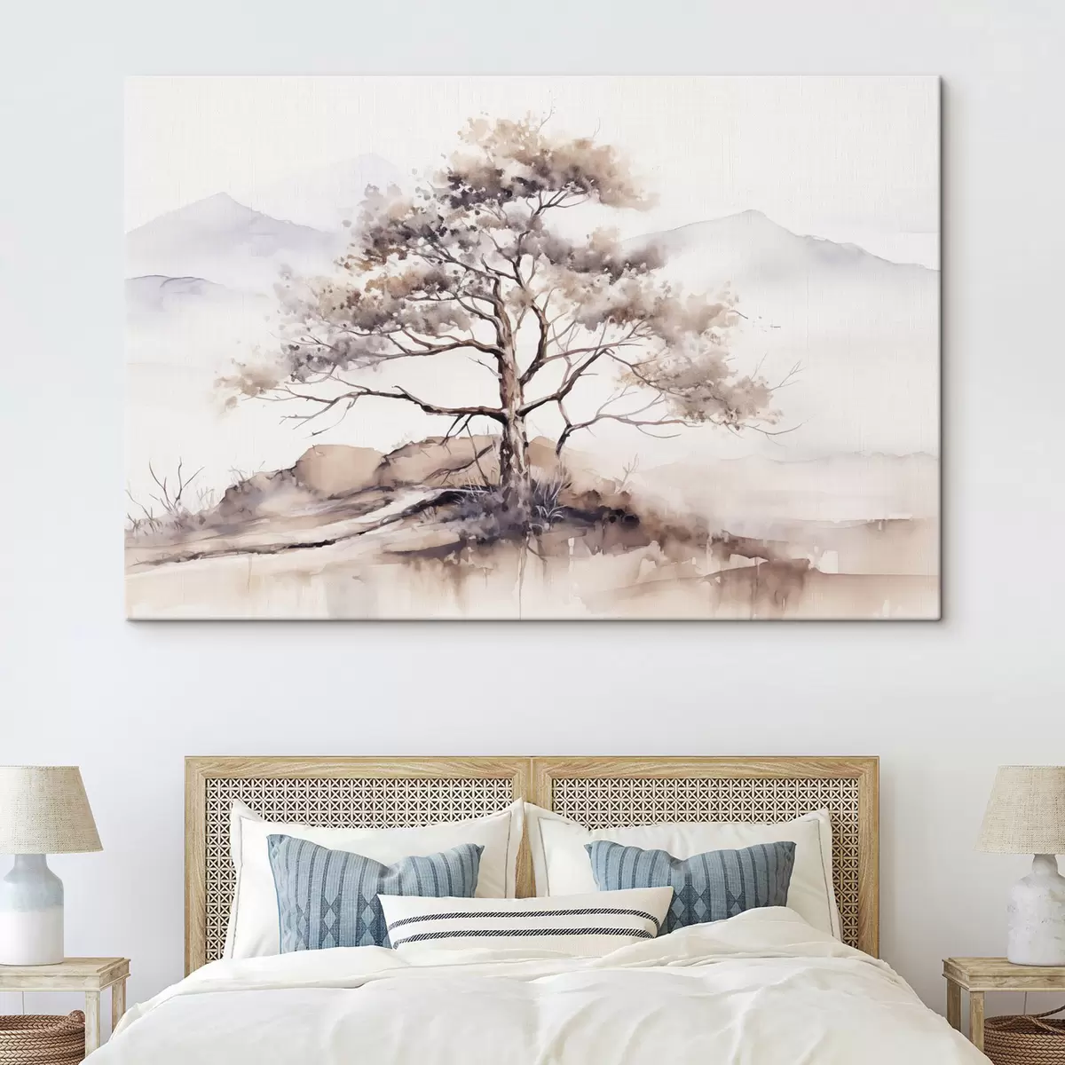 carta da parati Un albero solitario con il tronco contorto e i rami radi, sullo sfondo di montagne morbide e tenui  nr. s42715