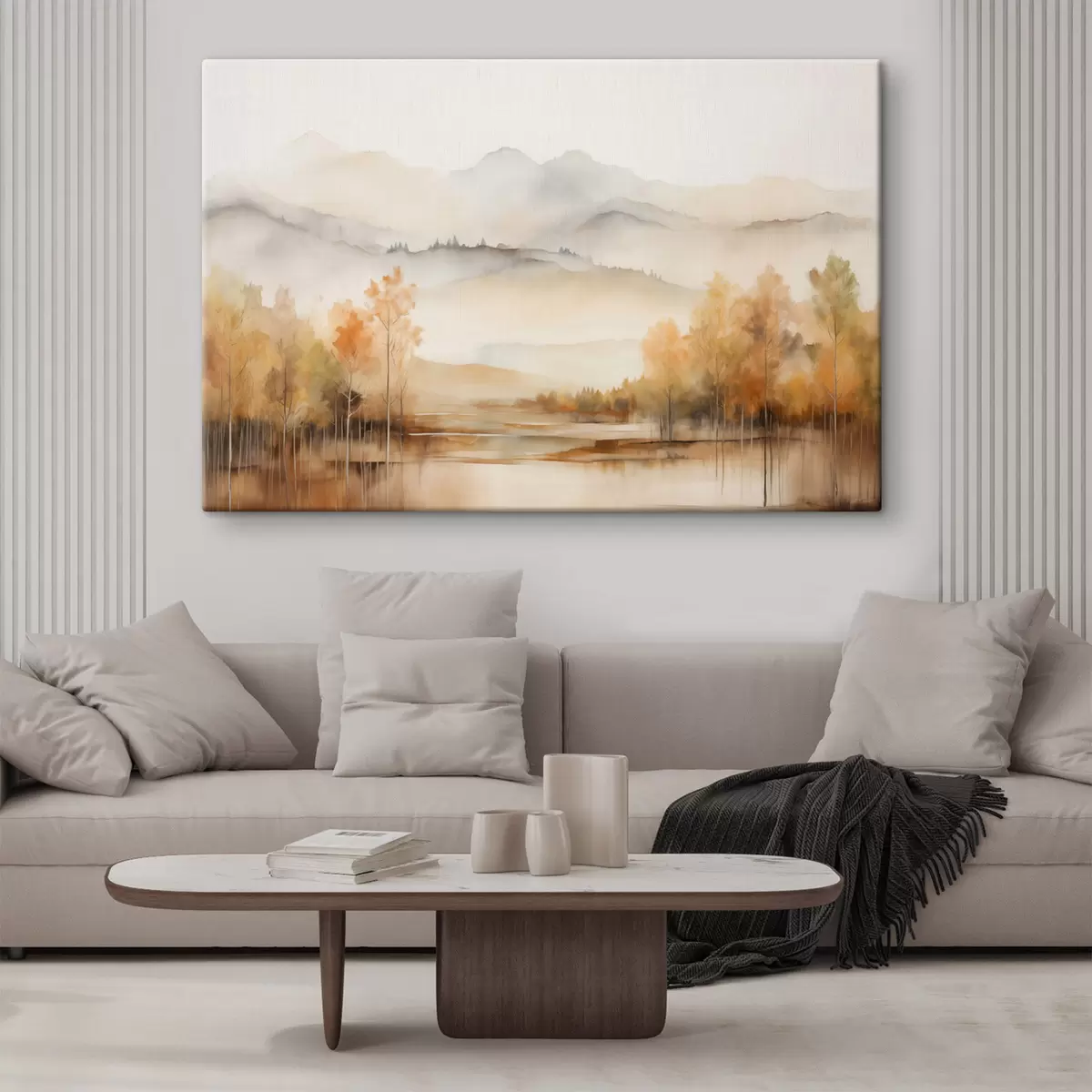 carta da parati Paesaggio caratterizzato da morbide montagne con un lago calmo che riflette lo scenario e alberi con fogliame arancione nr. s42716