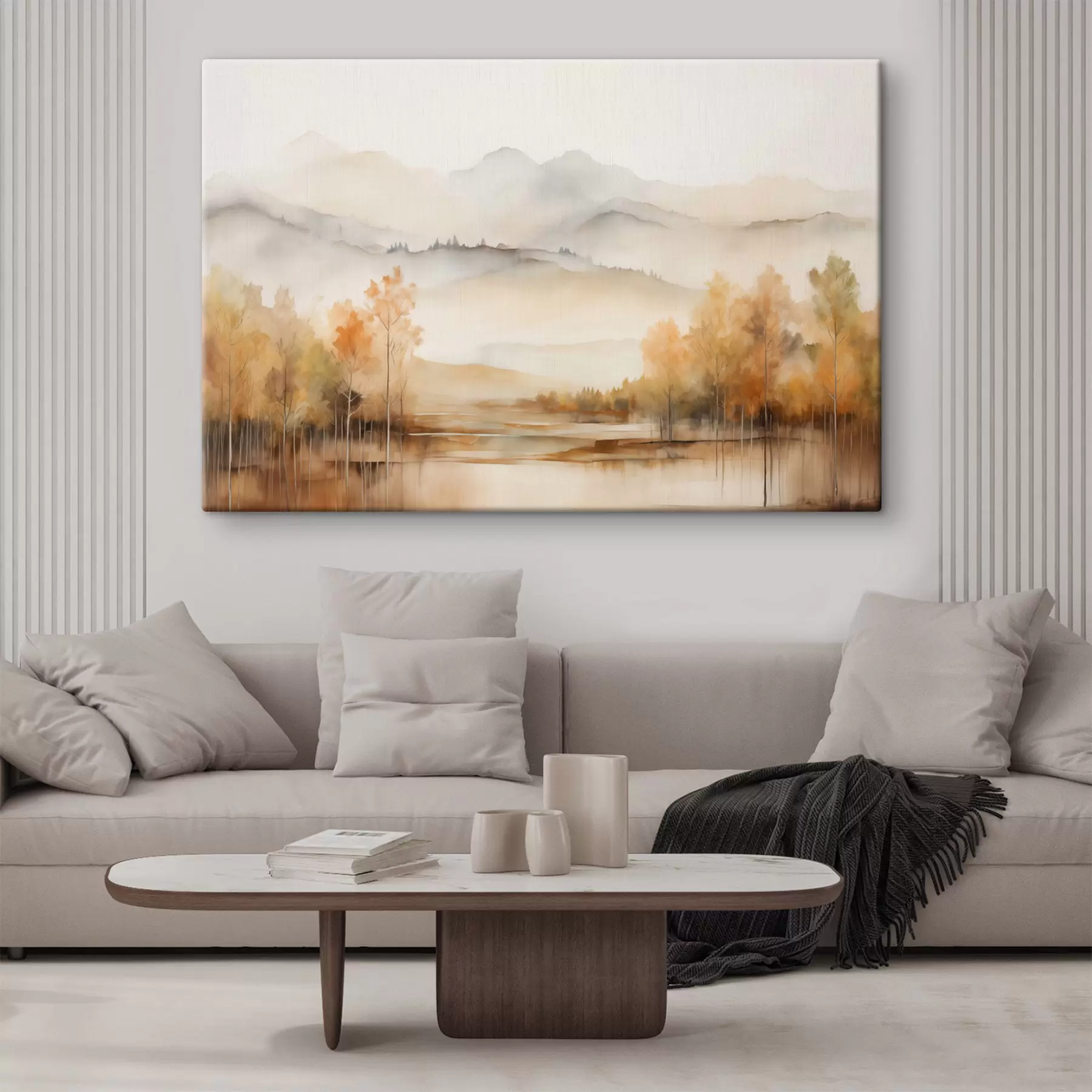 carta da parati Paesaggio caratterizzato da morbide montagne con un lago calmo che riflette lo scenario e alberi con fogliame arancione nr. s42716