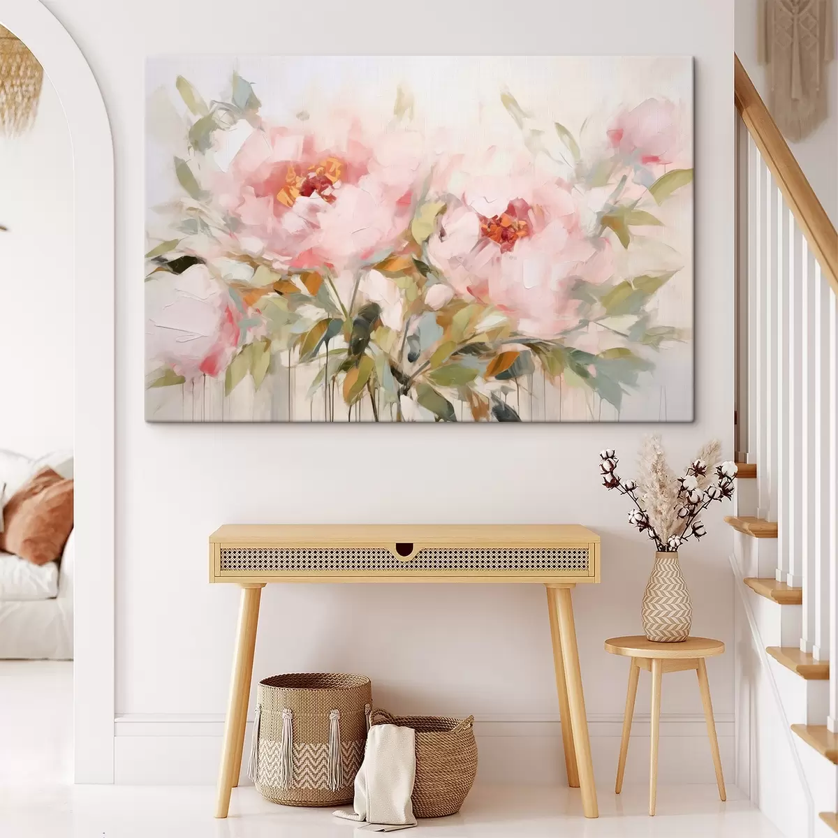 carta da parati Dipinto a olio che imita grandi peonie rosa con petali morbidi e centri gialli, circondate da foglie verdi  nr. s42720