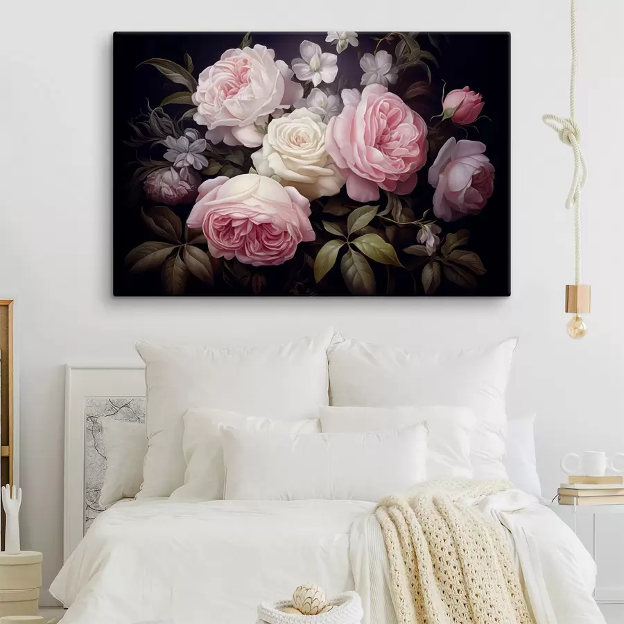 carta da parati Rose rosa e bianche disposte con delicati fiori bianchi e foglie verdi su uno sfondo scuro nr. s42721