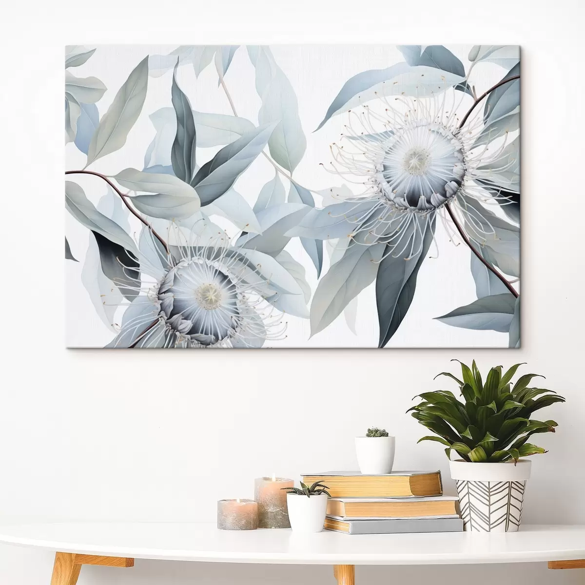 carta da parati Illustrazione botanica dettagliata di fiori di eucalipto con filamenti bianchi, circondati da foglie morbide e verde chiaro nr. s42725