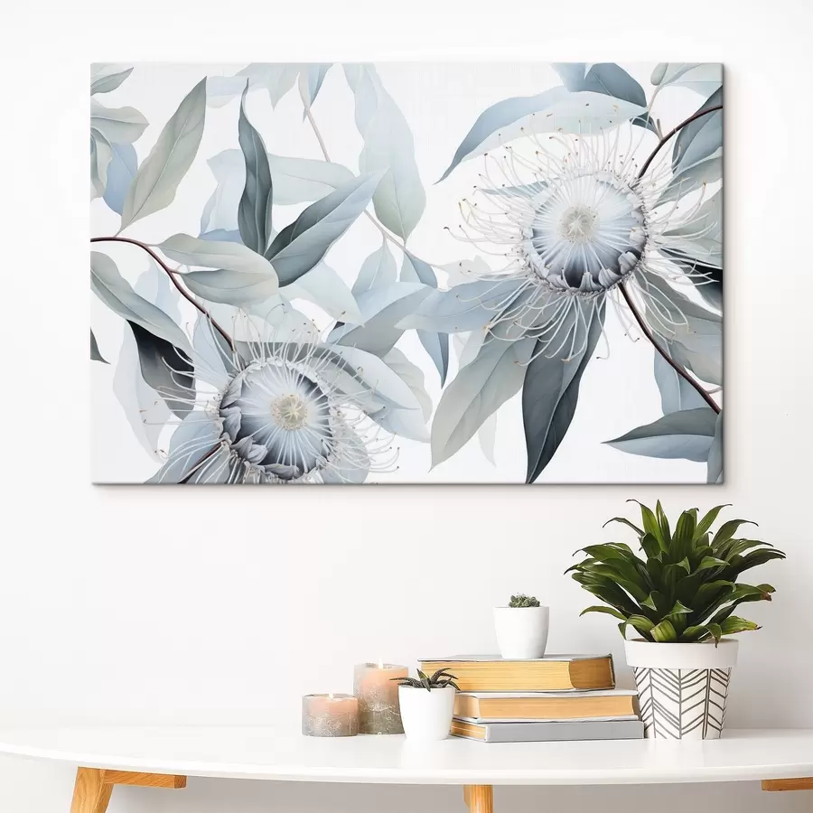 carta da parati Illustrazione botanica dettagliata di fiori di eucalipto con filamenti bianchi, circondati da foglie morbide e verde chiaro nr. s42725