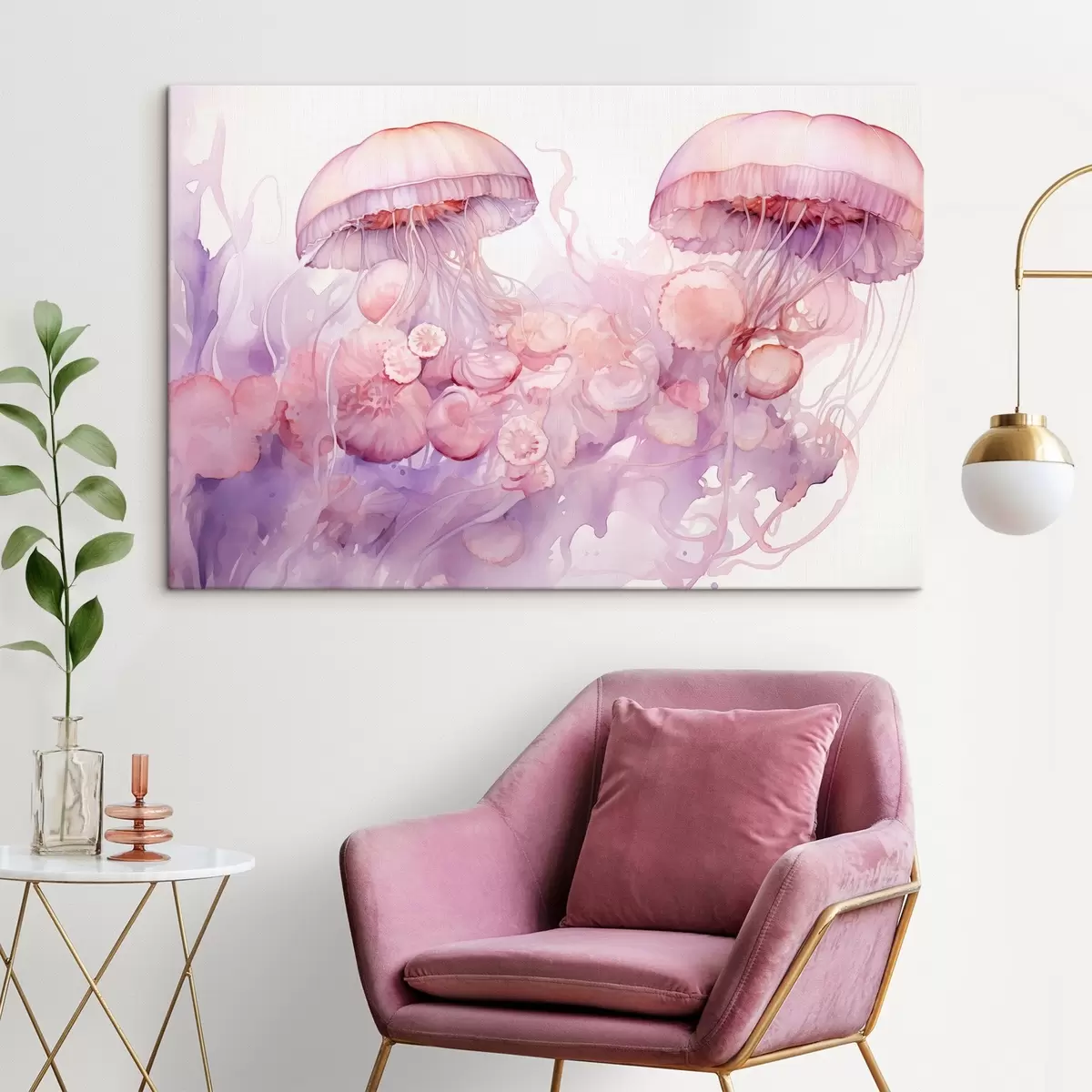 carta da parati Meduse rosa che fluttuano in un turbinio di colori rosa e viola, circondate da forme astratte  nr. s42730