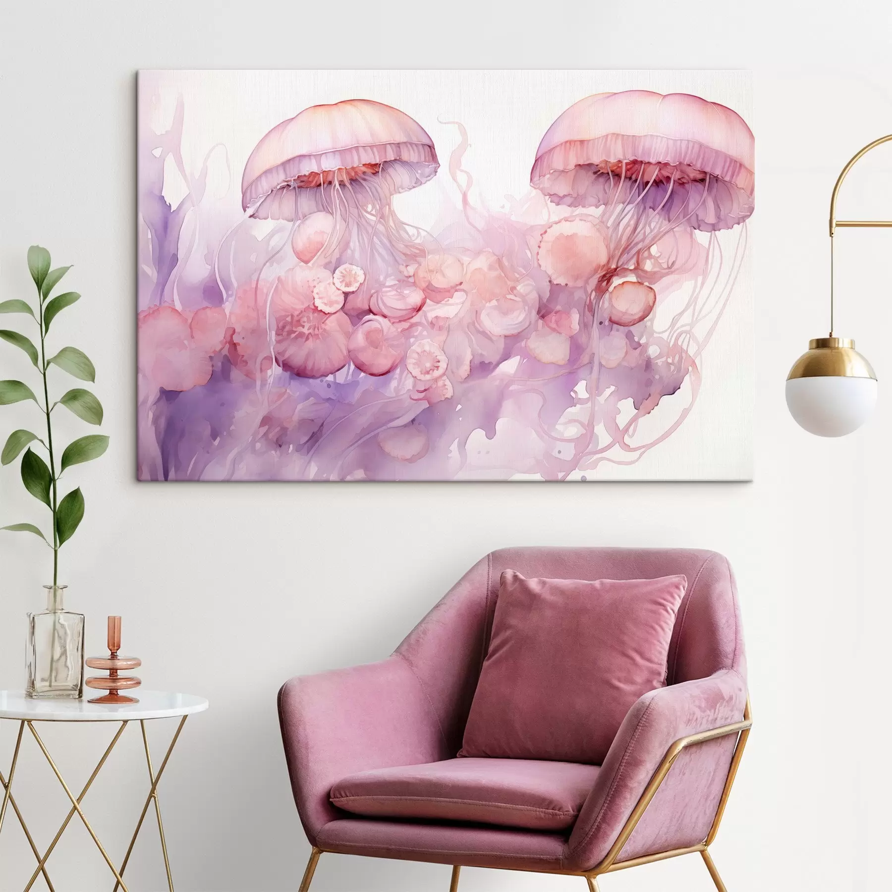 carta da parati Meduse rosa che fluttuano in un turbinio di colori rosa e viola, circondate da forme astratte  nr. s42730
