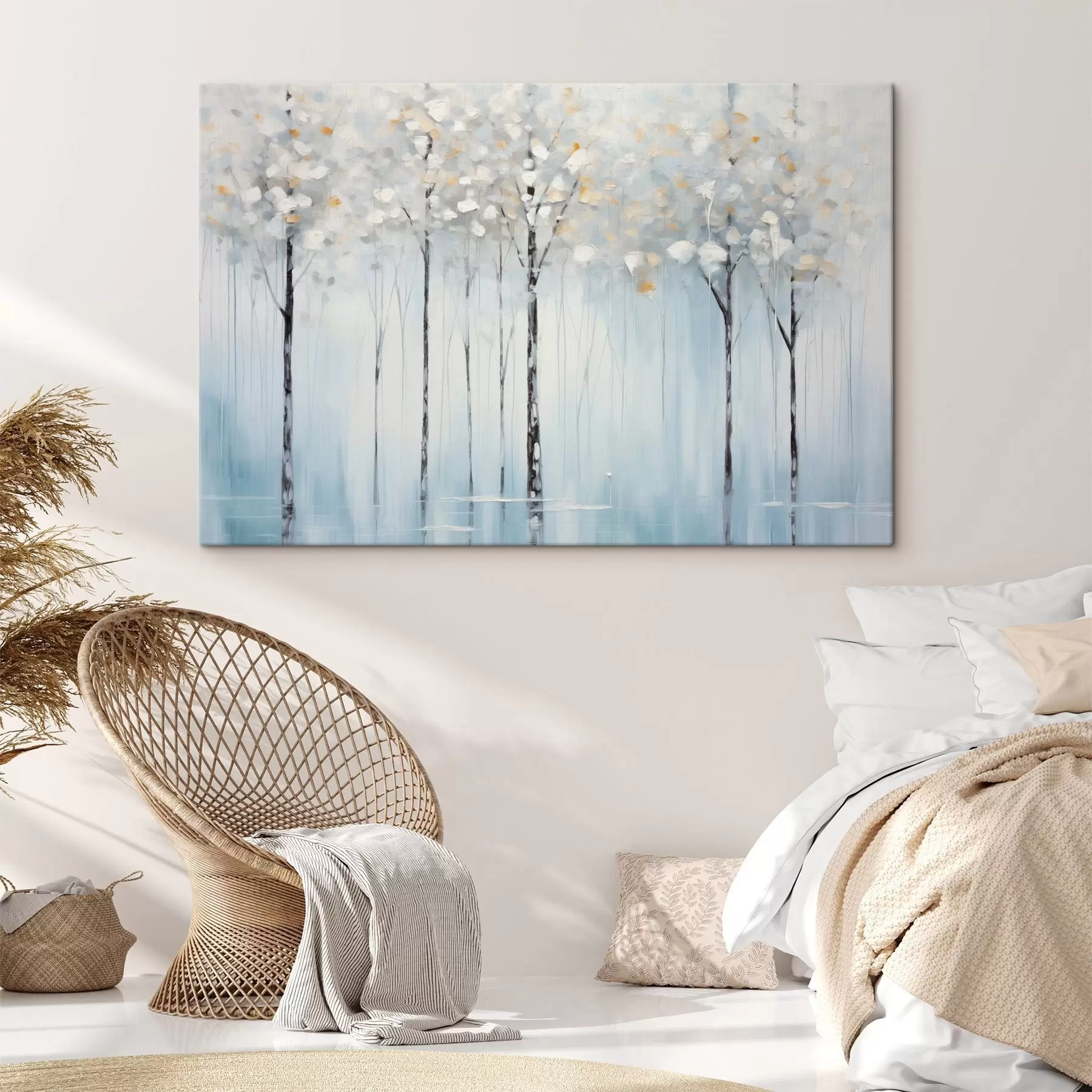carta da parati Alberi alti e slanciati con foglie blu e accenni di giallo su uno sfondo blu tenue, imitazione di pittura a olio nr. s42731