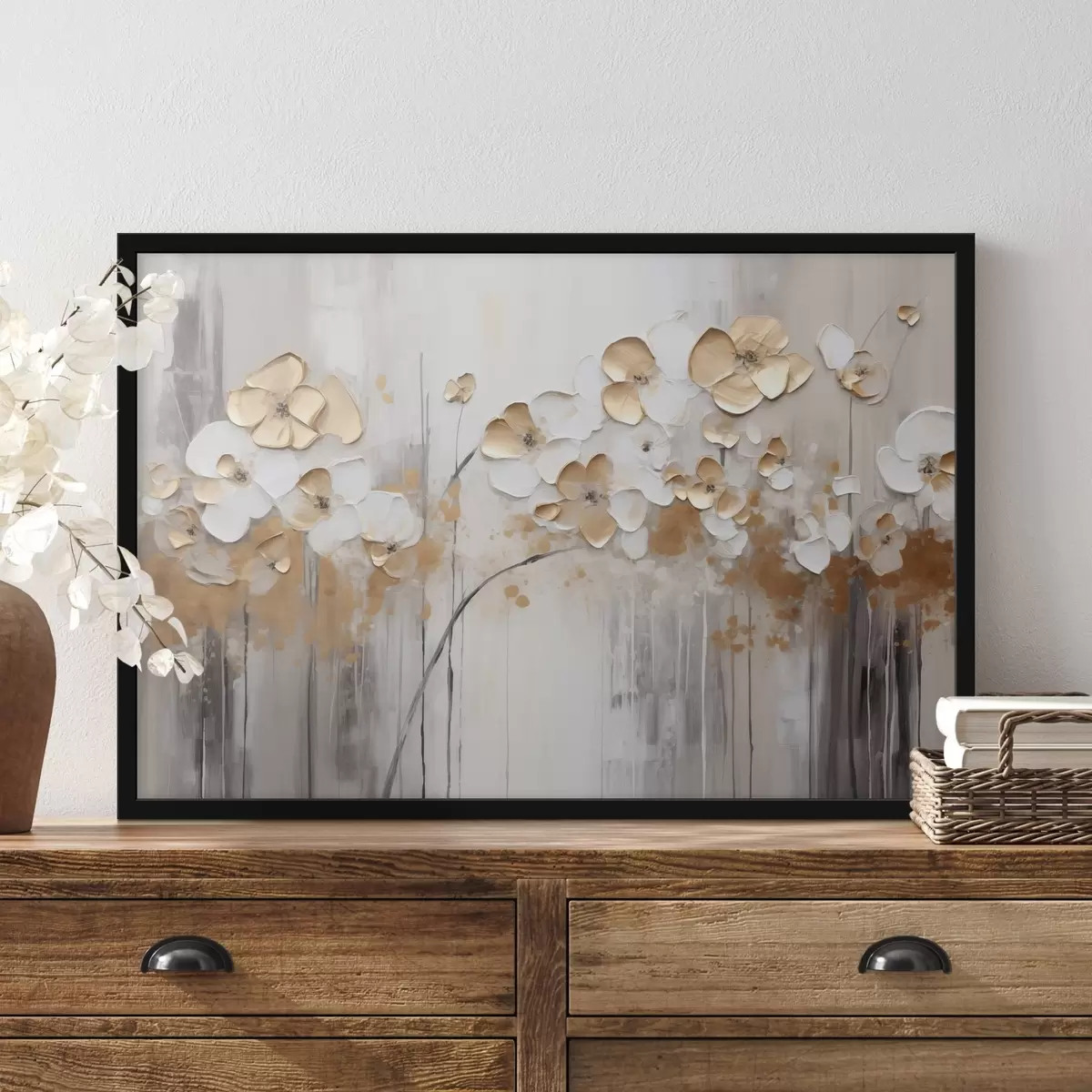 Poster Fiori con petali strutturati su uno sfondo morbido e tenue con spruzzi di colore astratto e linee verticali f42713