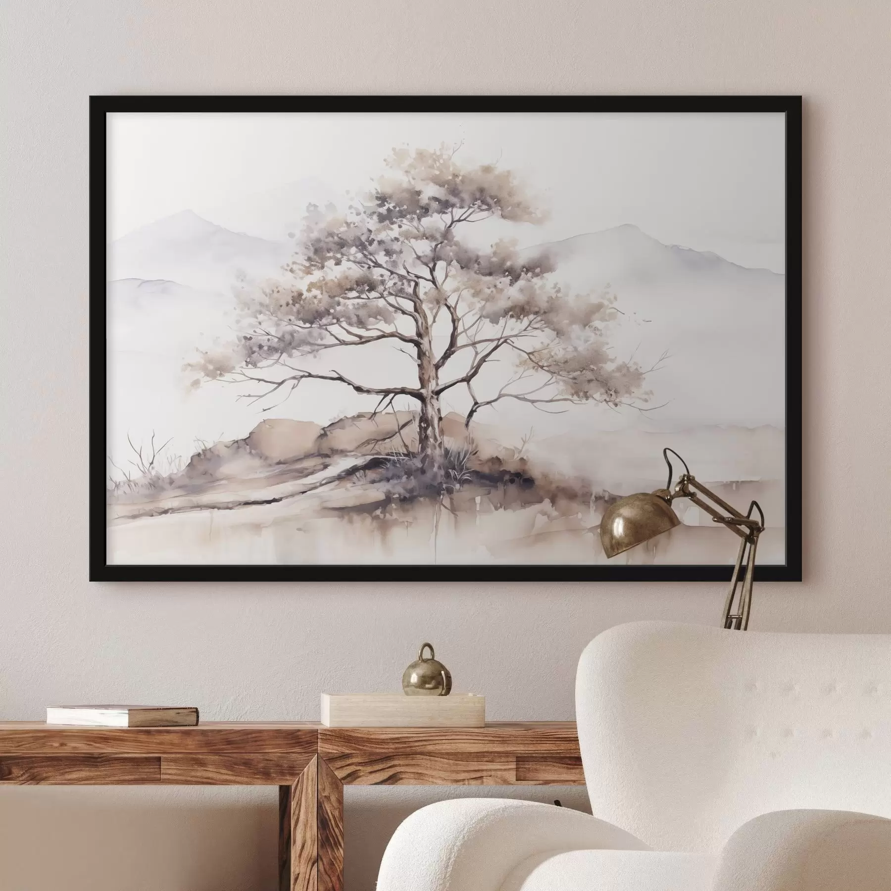 carta da parati Un albero solitario con il tronco contorto e i rami radi, sullo sfondo di montagne morbide e tenui nr. f42715