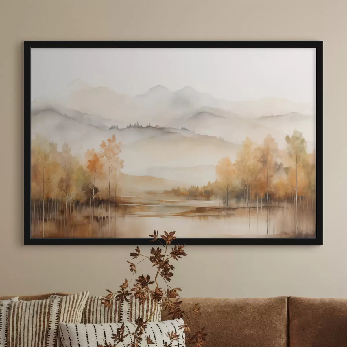 Poster Paesaggio caratterizzato da morbide montagne con un lago calmo che riflette lo scenario e alberi con fogliame arancione f42716