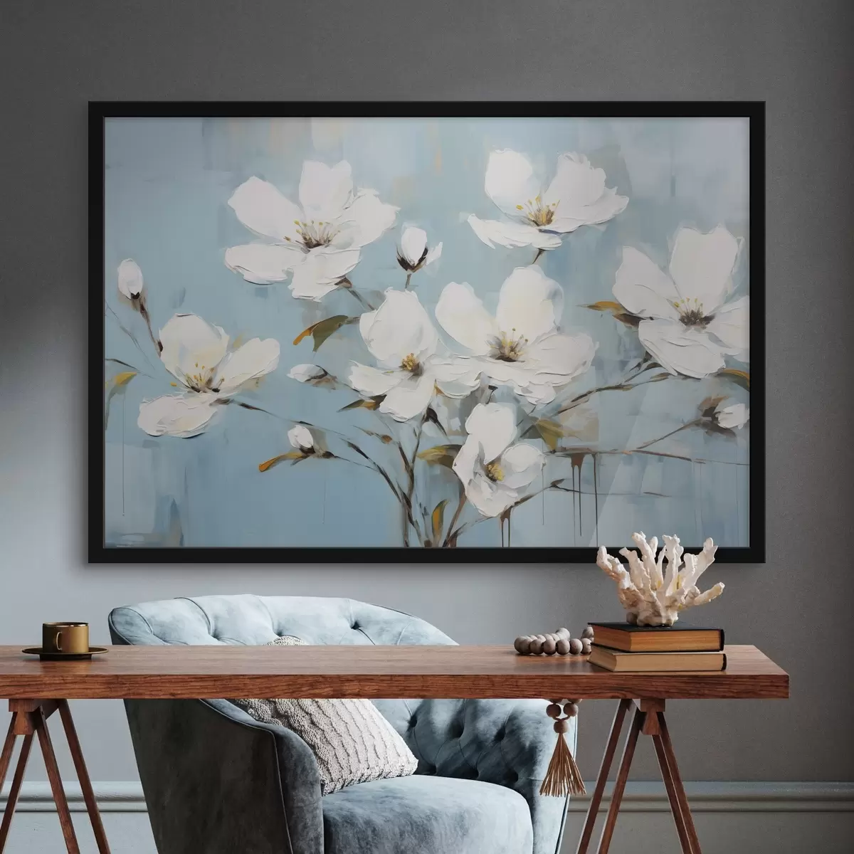 Poster Fiori bianchi con petali delicati e foglie verdi su uno sfondo azzurro imitazione pittura a olio f42719