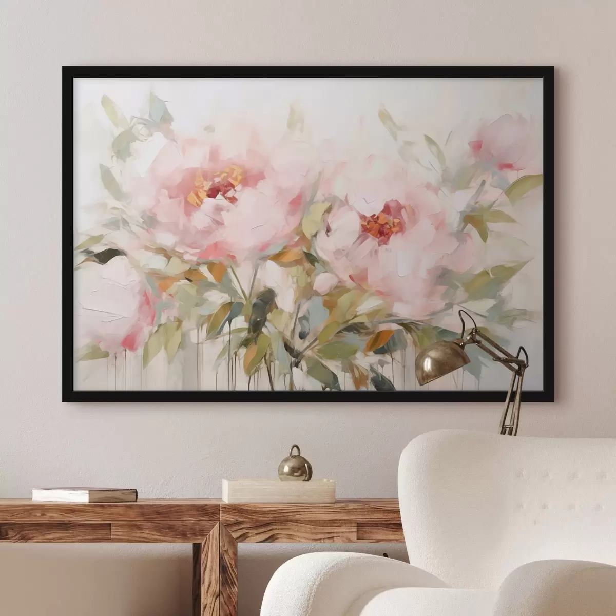 Poster Dipinto a olio che imita grandi peonie rosa con petali morbidi e centri gialli, circondate da foglie verdi f42720