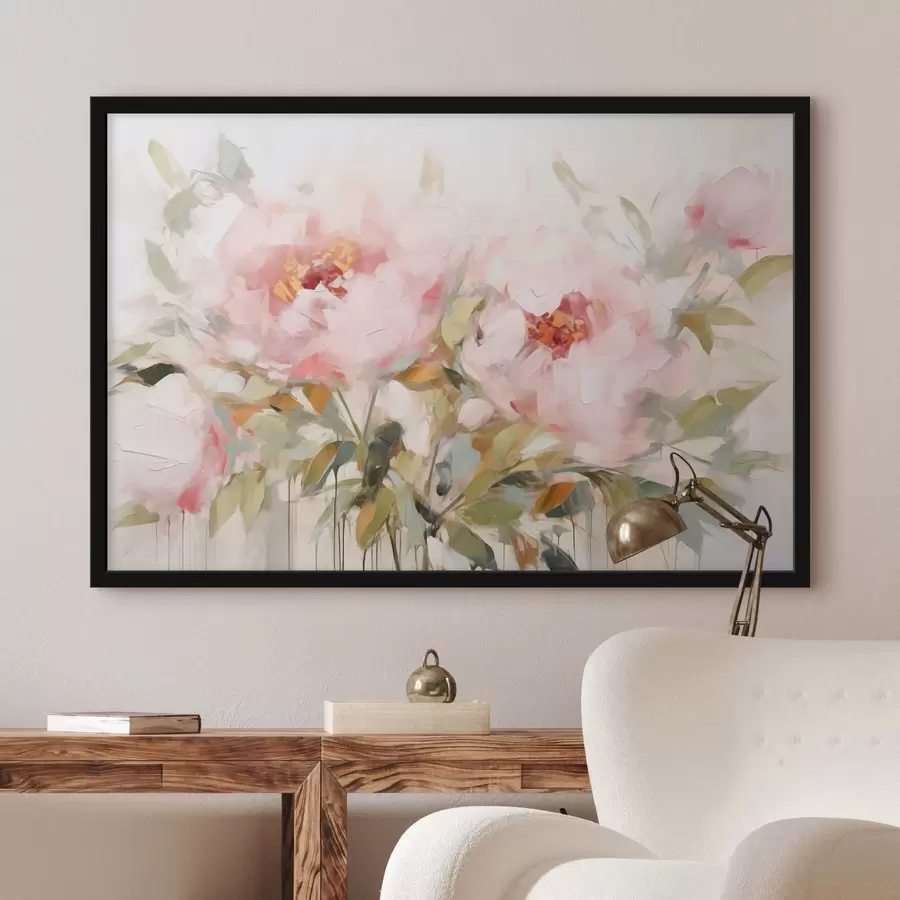 carta da parati Dipinto a olio che imita grandi peonie rosa con petali morbidi e centri gialli, circondate da foglie verdi nr. f42720