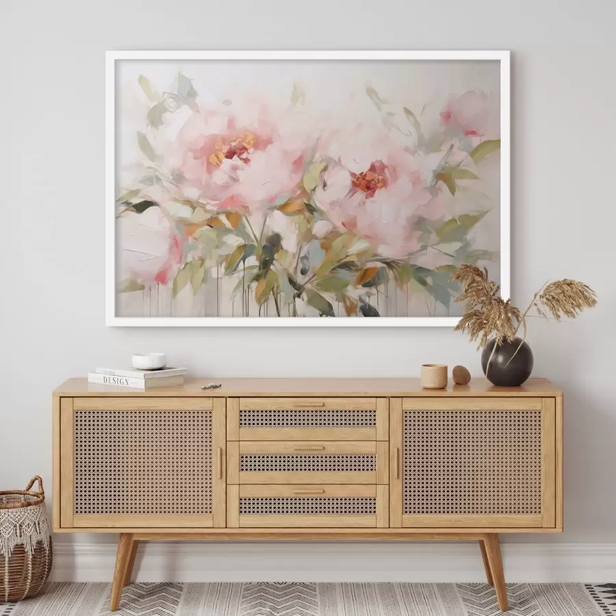 carta da parati Dipinto a olio che imita grandi peonie rosa con petali morbidi e centri gialli, circondate da foglie verdi nr. f42720