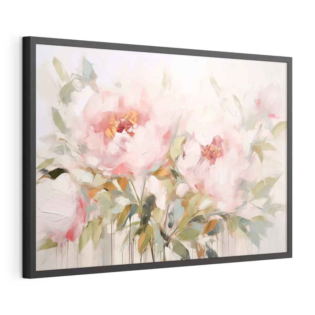 Poster Dipinto a olio che imita grandi peonie rosa con petali morbidi e centri gialli, circondate da foglie verdi f42720