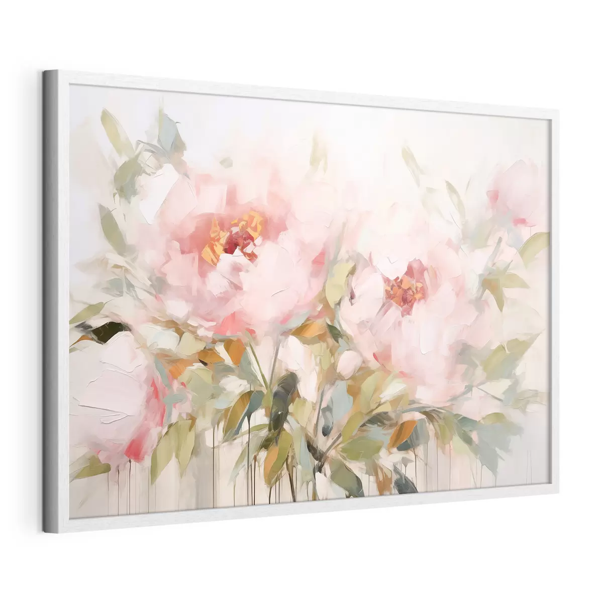 Poster Dipinto a olio che imita grandi peonie rosa con petali morbidi e centri gialli, circondate da foglie verdi f42720