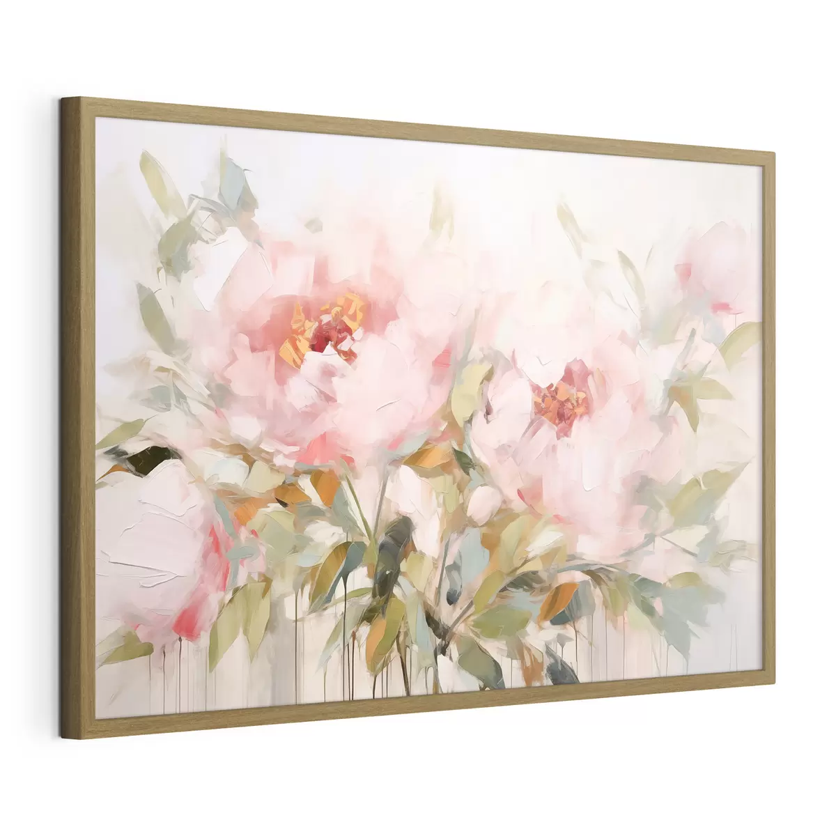 Poster Dipinto a olio che imita grandi peonie rosa con petali morbidi e centri gialli, circondate da foglie verdi f42720