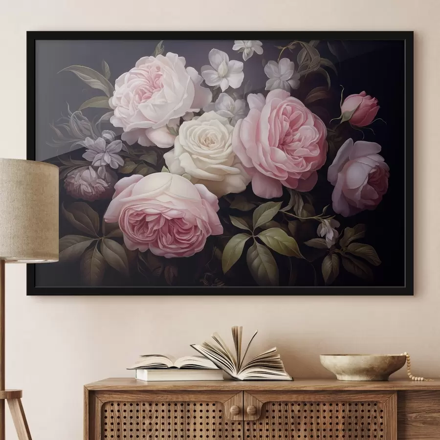 carta da parati Rose rosa e bianche disposte con delicati fiori bianchi e foglie verdi su uno sfondo scuro nr. f42721
