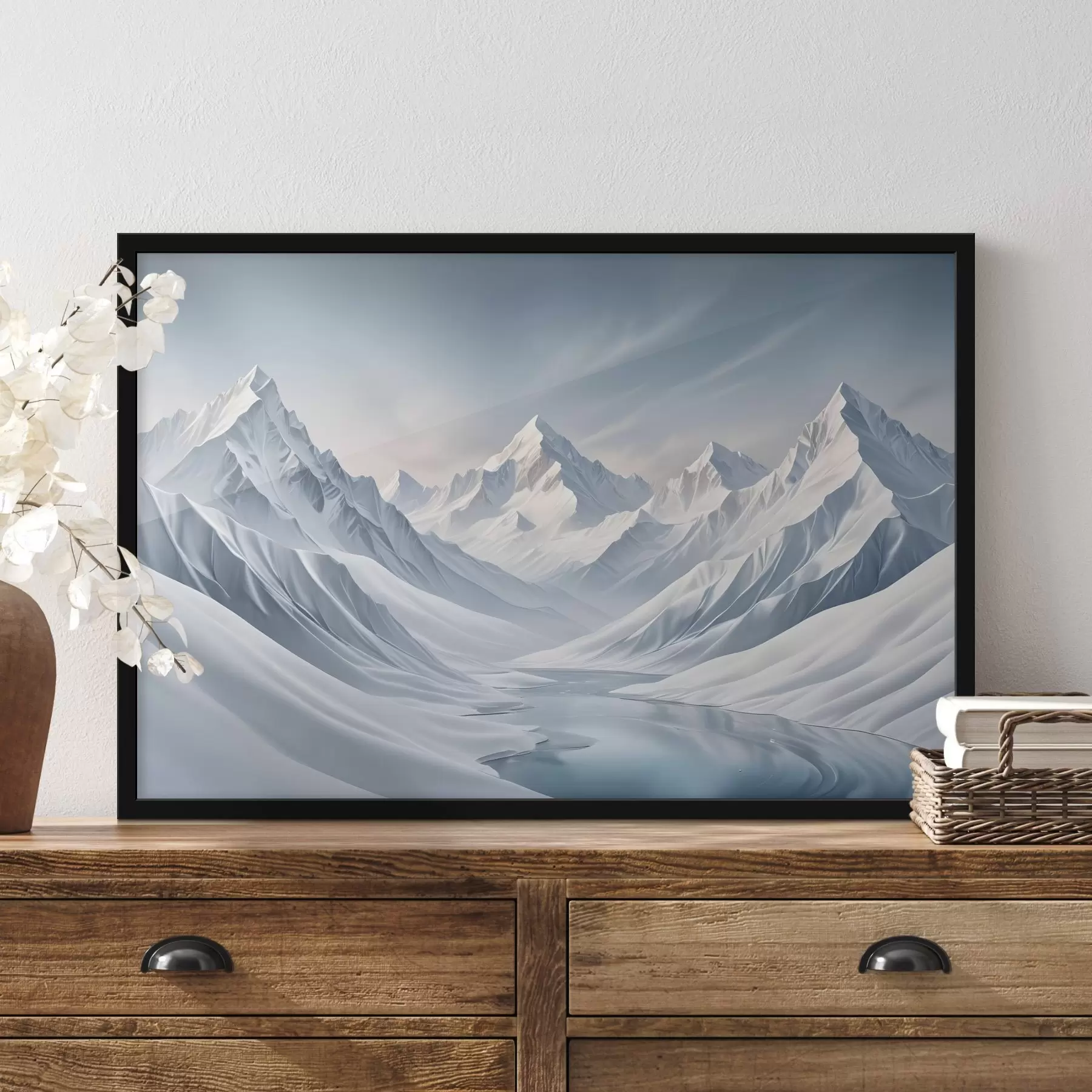 carta da parati Montagne innevate con cime aguzze e un cielo morbido che passa dall'azzurro al blu chiaro nr. f42724