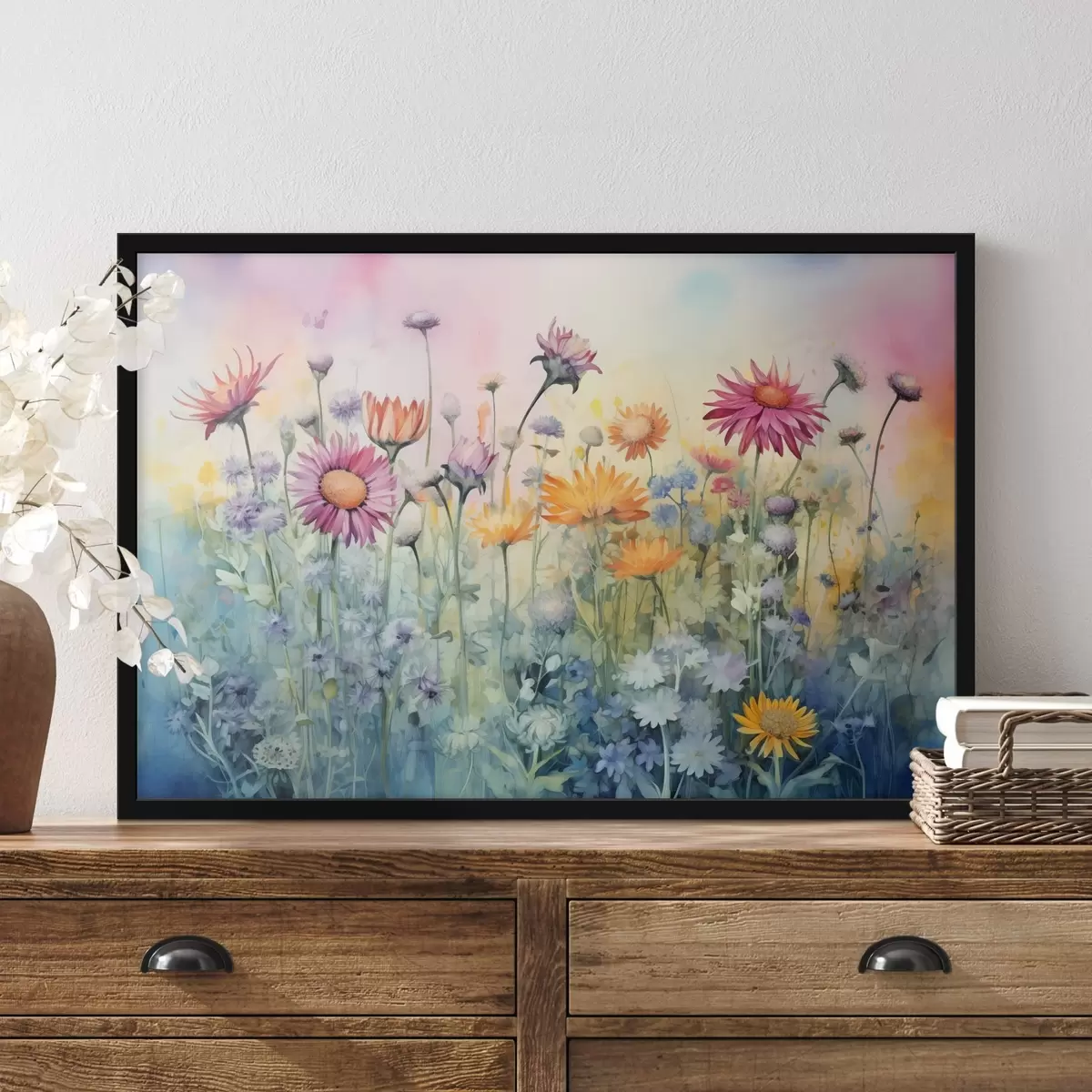 Poster Un campo vibrante di fiori di campo alti e rigogliosi su un morbido sfondo pastello simile a un acquerello f42726