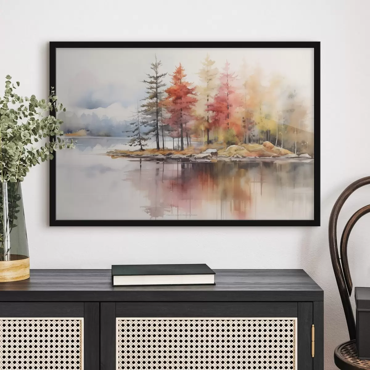Poster Paesaggio simile a un acquerello con un lago circondato da alberi dai vivaci colori autunnali f42727