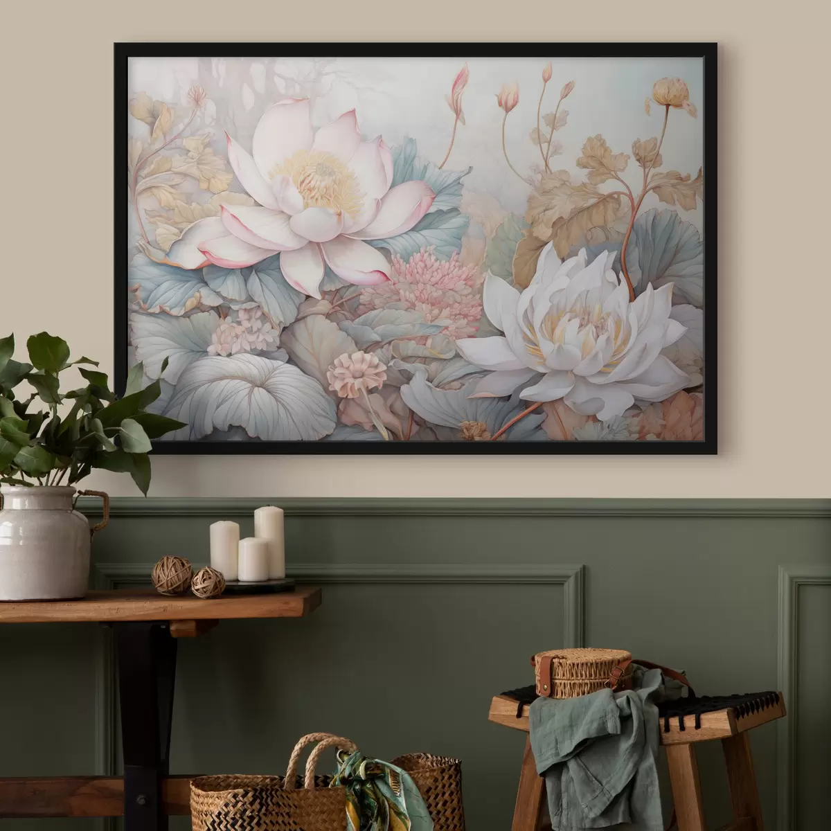 Poster Grandi fiori di loto dai toni tenui del rosa e del bianco, circondati da foglie verdi e da un delicato fogliame rosa f42729