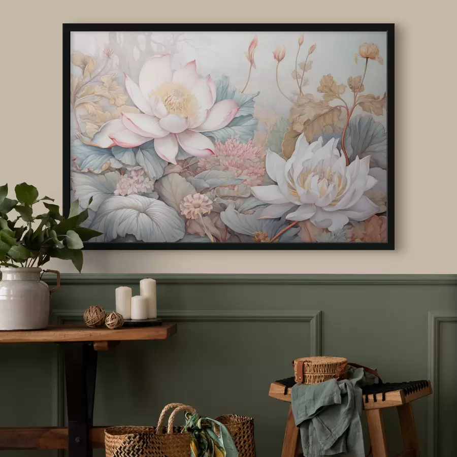 carta da parati Grandi fiori di loto dai toni tenui del rosa e del bianco, circondati da foglie verdi e da un delicato fogliame rosa nr. f42729