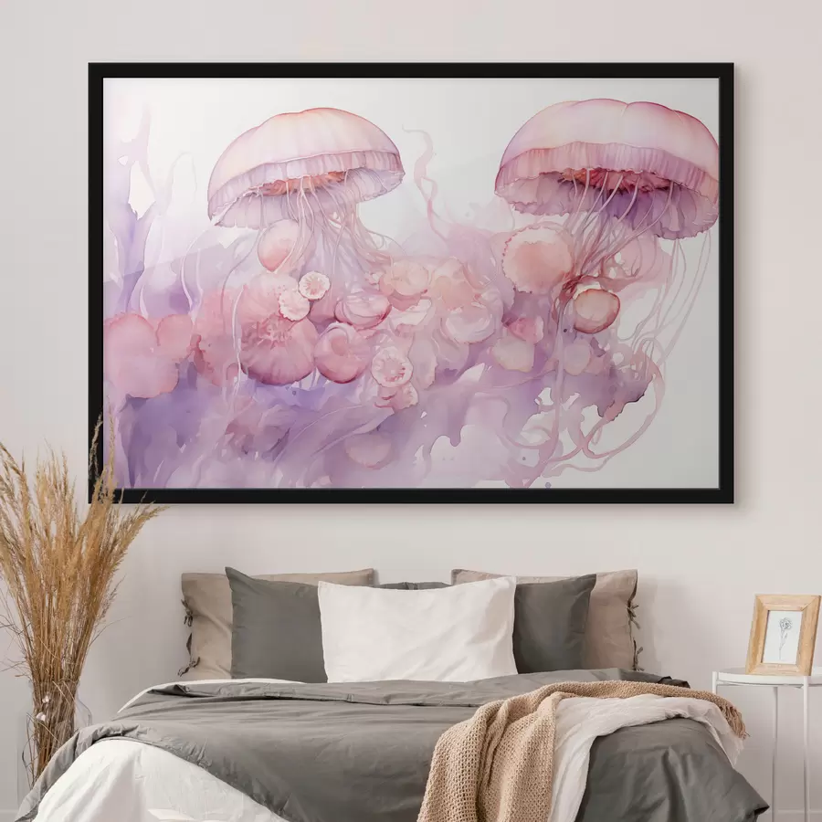 carta da parati Meduse rosa che fluttuano in un turbinio di colori rosa e viola, circondate da forme astratte nr. f42730